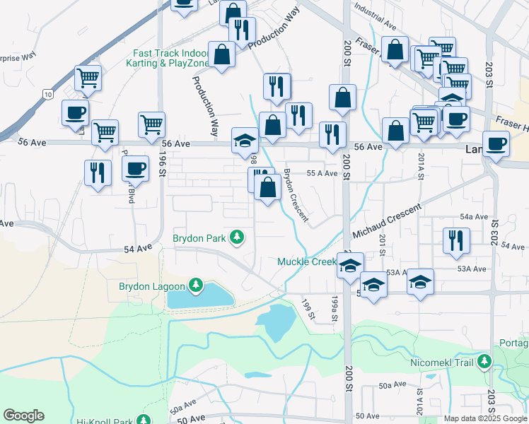 map of restaurants, bars, coffee shops, grocery stores, and more near 5454 198 Street in Langley
