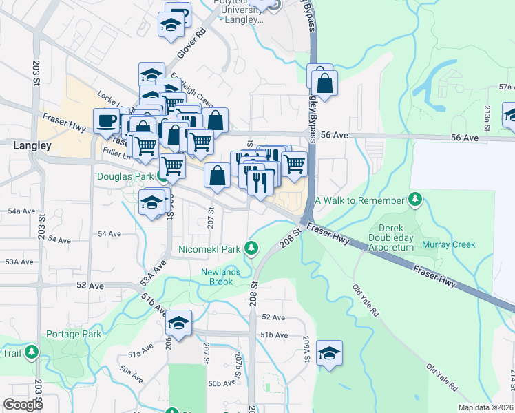 map of restaurants, bars, coffee shops, grocery stores, and more near 5450 208 Street in Langley