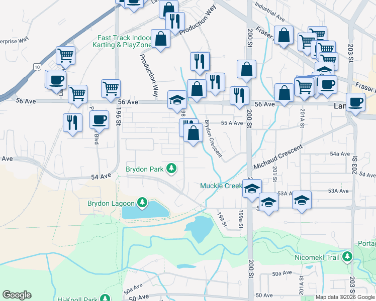 map of restaurants, bars, coffee shops, grocery stores, and more near 5401 198 Street in Langley
