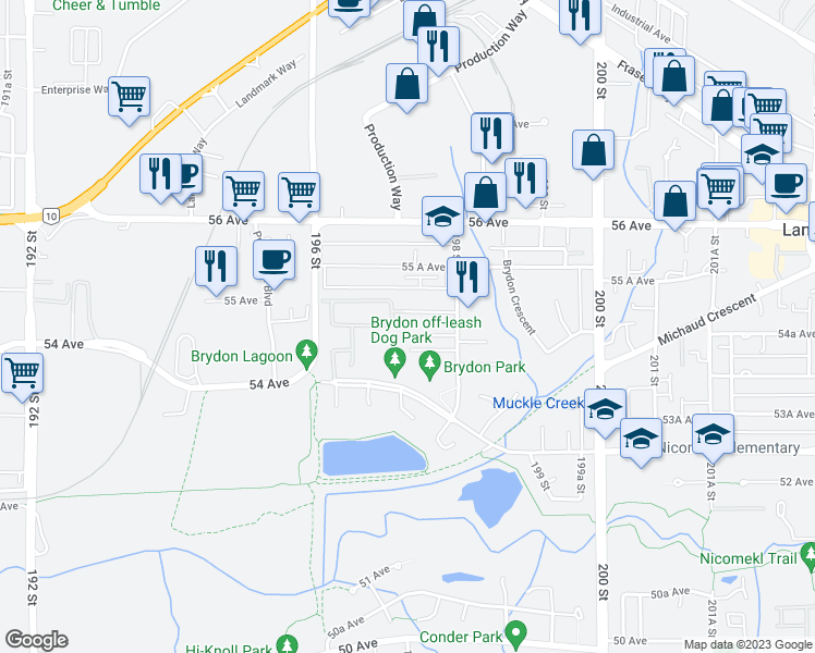 map of restaurants, bars, coffee shops, grocery stores, and more near in Langley