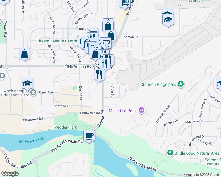 map of restaurants, bars, coffee shops, grocery stores, and more near 5491 Viola Street in Chilliwack