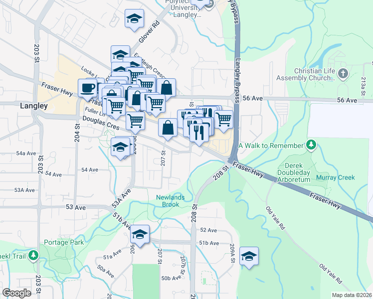 map of restaurants, bars, coffee shops, grocery stores, and more near 5453 208 Street in Langley
