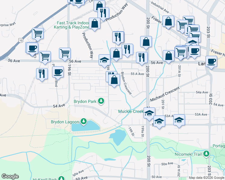 map of restaurants, bars, coffee shops, grocery stores, and more near 5454 198 Street in Langley