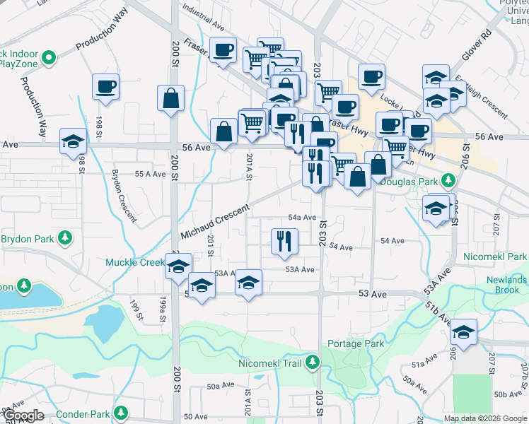map of restaurants, bars, coffee shops, grocery stores, and more near in Langley