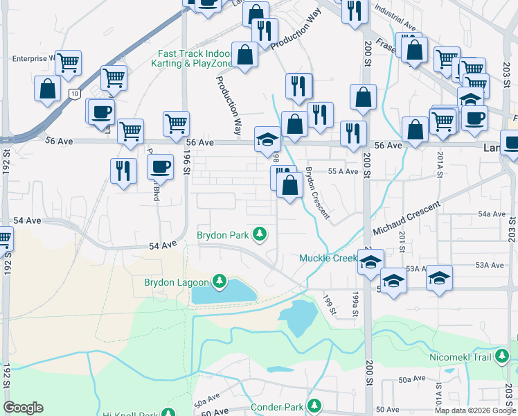 map of restaurants, bars, coffee shops, grocery stores, and more near 19760 55 Avenue in Langley