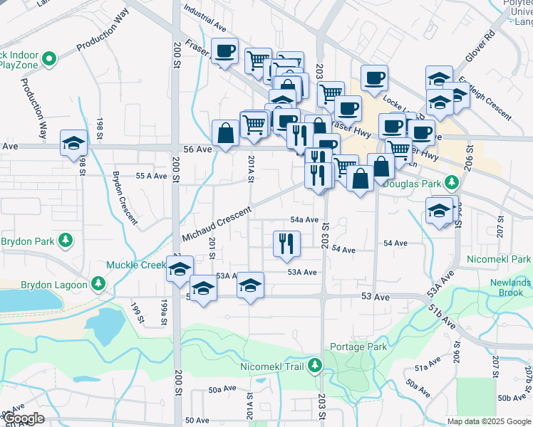 map of restaurants, bars, coffee shops, grocery stores, and more near 20177 54A Avenue in Langley