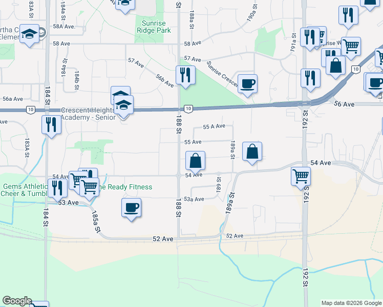 map of restaurants, bars, coffee shops, grocery stores, and more near 18833 54A Avenue in Surrey