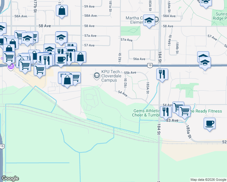 map of restaurants, bars, coffee shops, grocery stores, and more near 12710 54 Avenue in Surrey