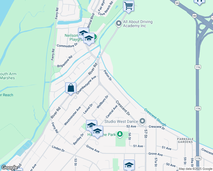 map of restaurants, bars, coffee shops, grocery stores, and more near 5408 Crescent Drive in Delta