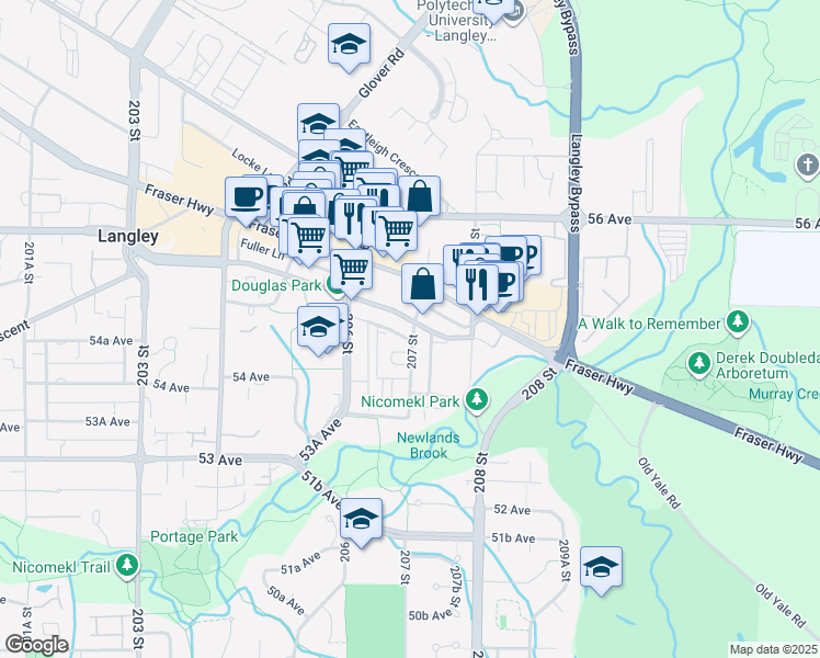 map of restaurants, bars, coffee shops, grocery stores, and more near 20676 Fraser Highway in Langley City
