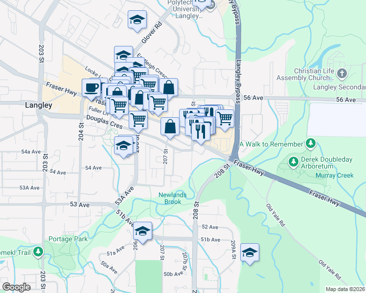 map of restaurants, bars, coffee shops, grocery stores, and more near 20765 Douglas Crescent in Langley