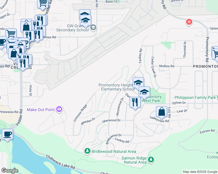 map of restaurants, bars, coffee shops, grocery stores, and more near Weeden Park Trail in Chilliwack