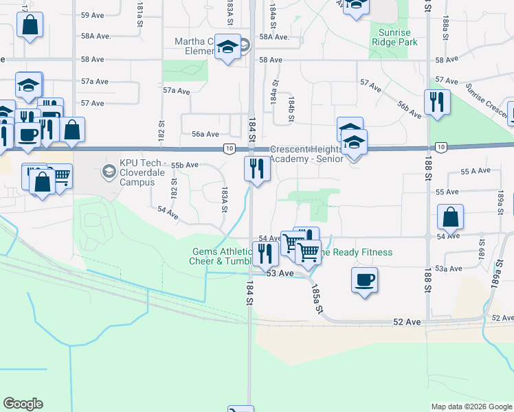 map of restaurants, bars, coffee shops, grocery stores, and more near 5468 184 Street in Surrey