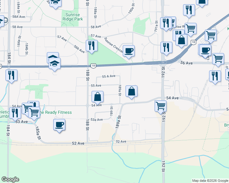 map of restaurants, bars, coffee shops, grocery stores, and more near 18927 54A Avenue in Surrey