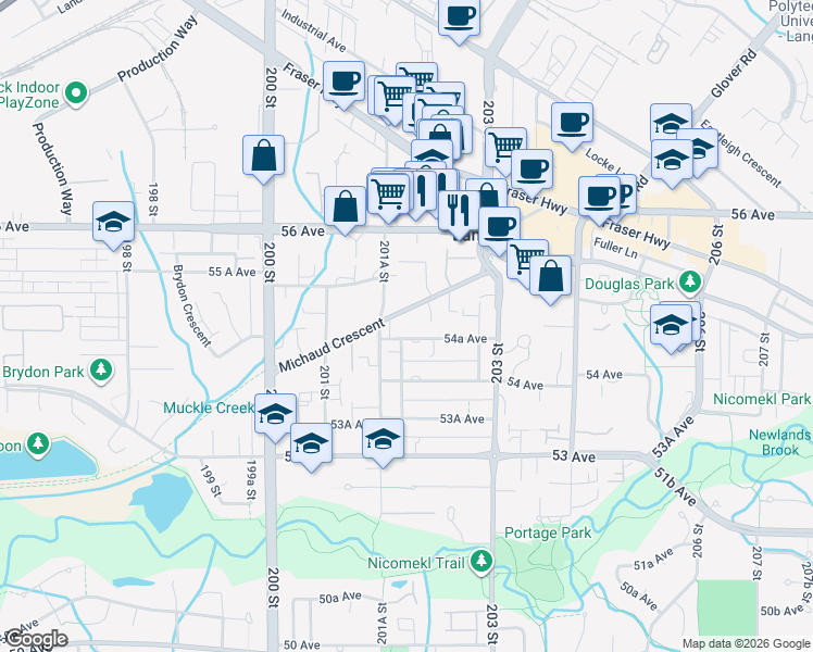 map of restaurants, bars, coffee shops, grocery stores, and more near 20177 54A Avenue in Langley