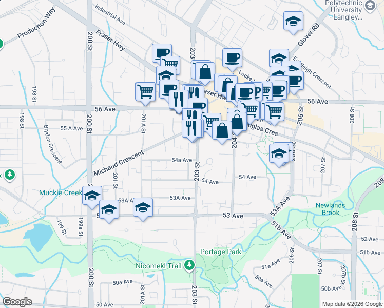 map of restaurants, bars, coffee shops, grocery stores, and more near 5465 203 Street in Langley