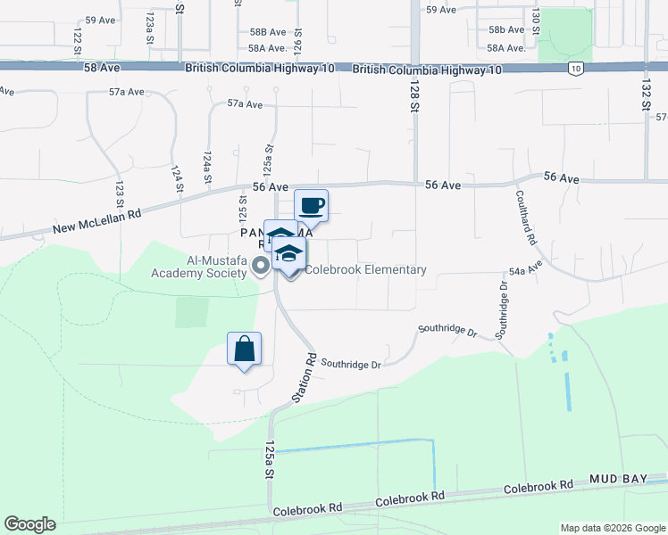 map of restaurants, bars, coffee shops, grocery stores, and more near 5470 126A Street in Surrey