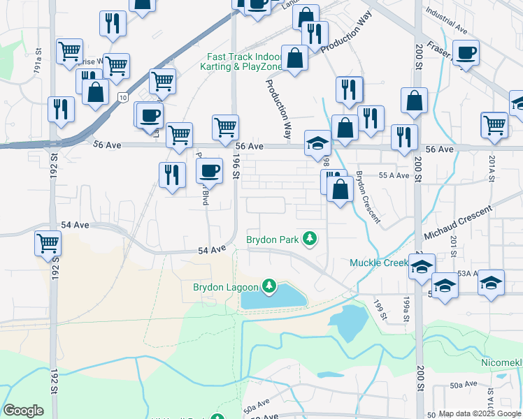 map of restaurants, bars, coffee shops, grocery stores, and more near 19649 53 Avenue in Langley City