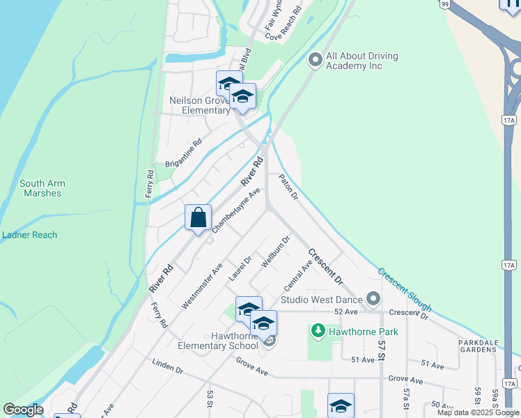 map of restaurants, bars, coffee shops, grocery stores, and more near 5423 Westminster Avenue in Delta