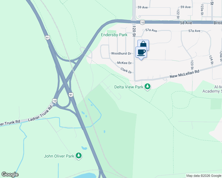 map of restaurants, bars, coffee shops, grocery stores, and more near 11860 Ladner Trunk Road in Delta