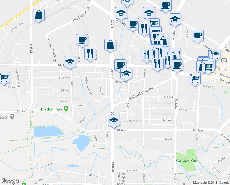map of restaurants, bars, coffee shops, grocery stores, and more near in Langley