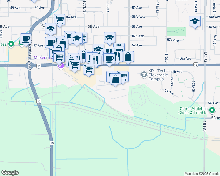 map of restaurants, bars, coffee shops, grocery stores, and more near in Surrey