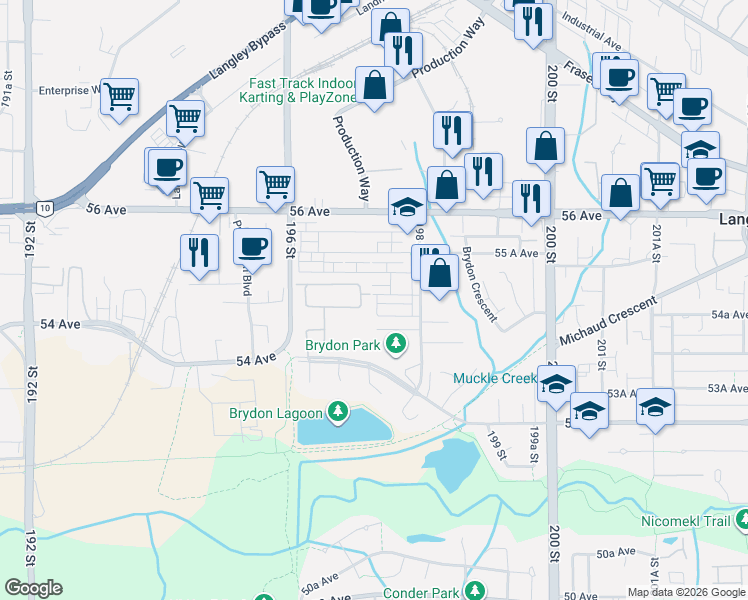 map of restaurants, bars, coffee shops, grocery stores, and more near 19760 55 A Avenue in Langley