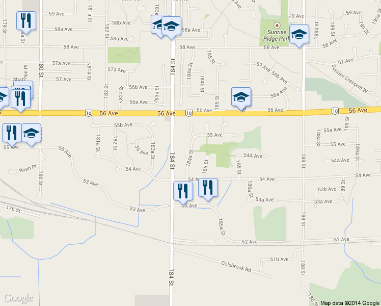 map of restaurants, bars, coffee shops, grocery stores, and more near 5455 184A Street in Surrey