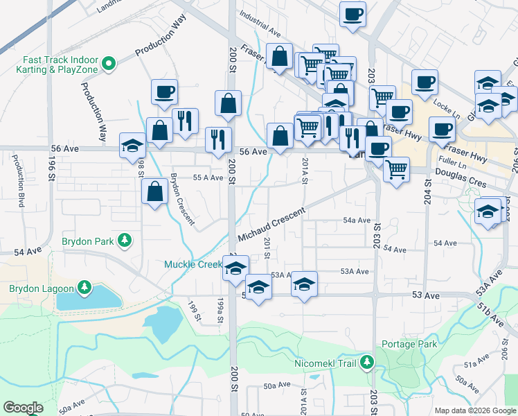 map of restaurants, bars, coffee shops, grocery stores, and more near 5475 201 Street in Langley