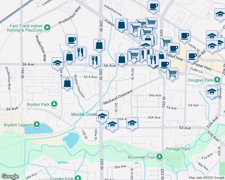 map of restaurants, bars, coffee shops, grocery stores, and more near 5475 201 Street in Langley