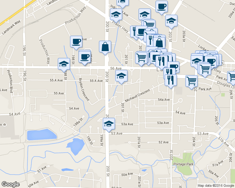 map of restaurants, bars, coffee shops, grocery stores, and more near 20088 55 A Avenue in Langley City