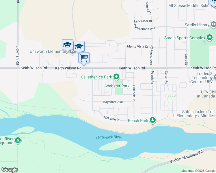 map of restaurants, bars, coffee shops, grocery stores, and more near Pebble Lane in Chilliwack