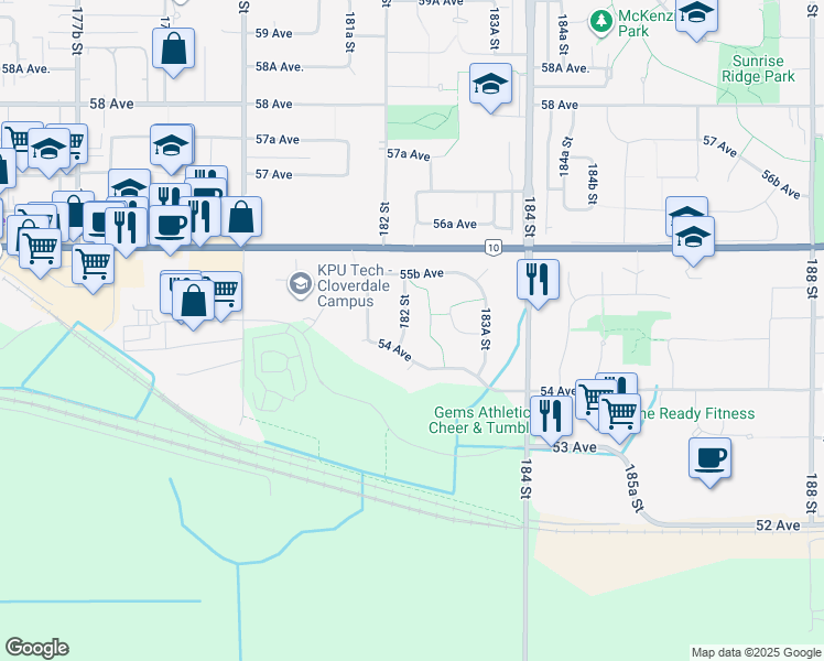 map of restaurants, bars, coffee shops, grocery stores, and more near 5478 182 Street in Surrey