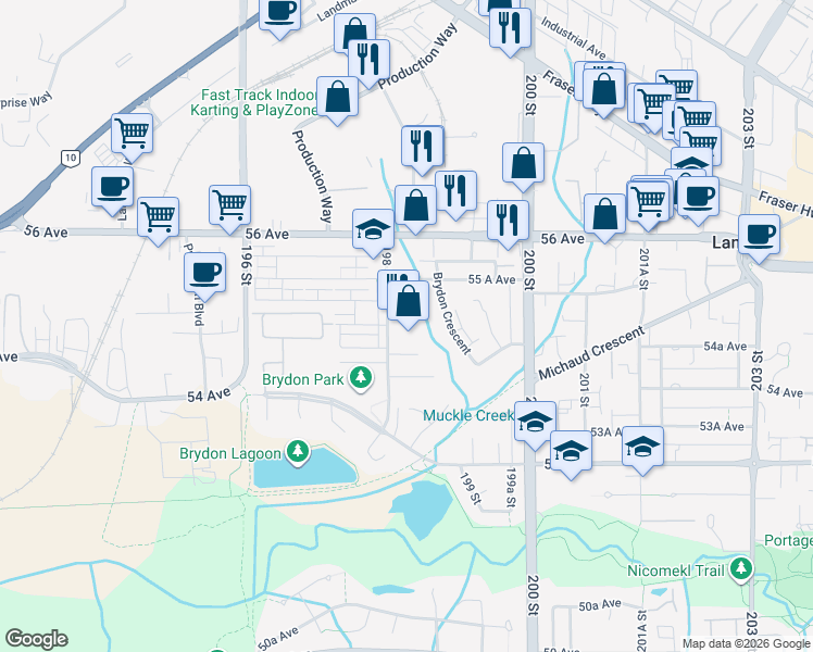 map of restaurants, bars, coffee shops, grocery stores, and more near 5474 198 Street in Langley