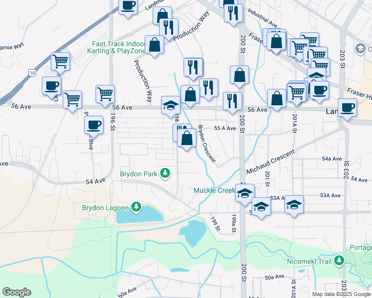 map of restaurants, bars, coffee shops, grocery stores, and more near 5474 198 Street in Langley