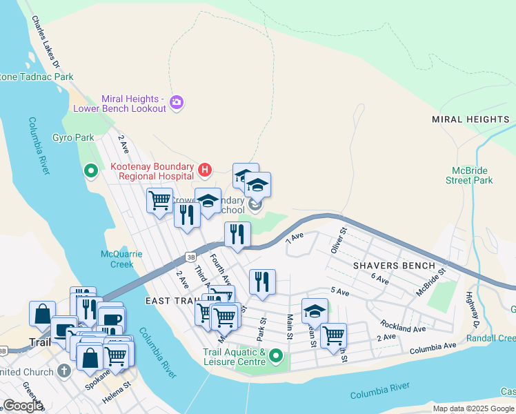 map of restaurants, bars, coffee shops, grocery stores, and more near 1300 Frances Moran Road in Trail