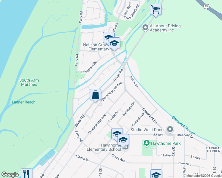 map of restaurants, bars, coffee shops, grocery stores, and more near 5405 Chamberlayne Avenue in Delta