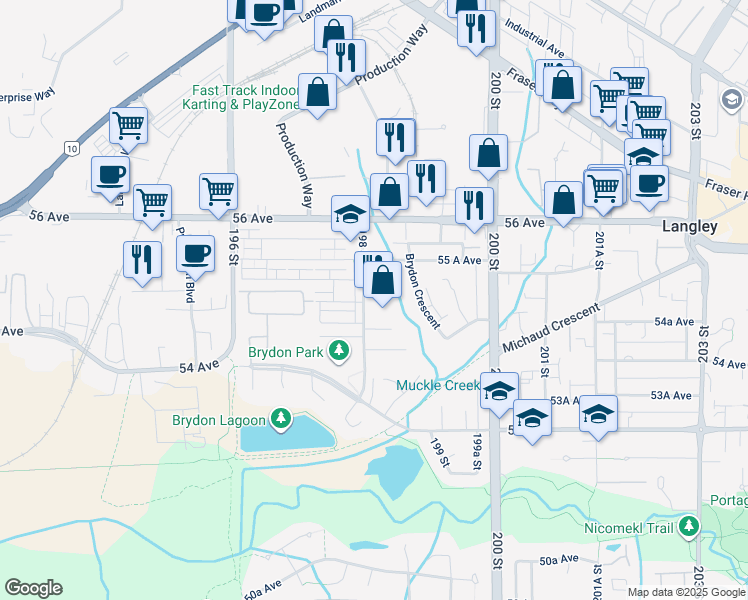 map of restaurants, bars, coffee shops, grocery stores, and more near in Langley
