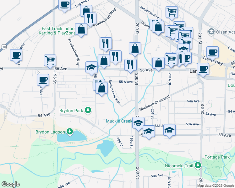 map of restaurants, bars, coffee shops, grocery stores, and more near 5476 Brydon Crescent in Langley
