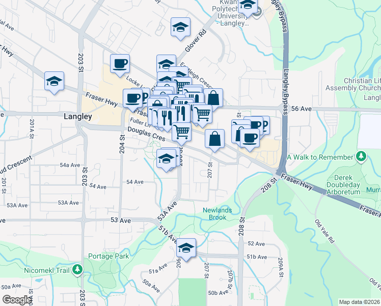 map of restaurants, bars, coffee shops, grocery stores, and more near 20630 Douglas Crescent in Langley