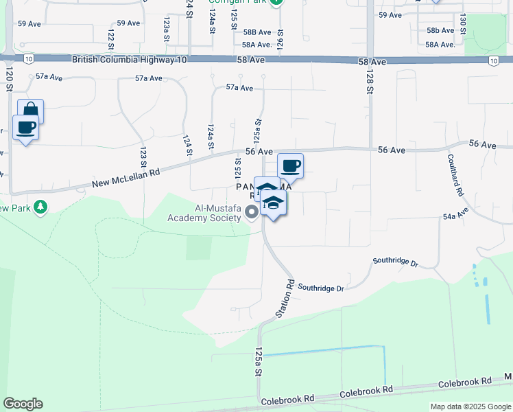 map of restaurants, bars, coffee shops, grocery stores, and more near 5467 125A Street in Surrey