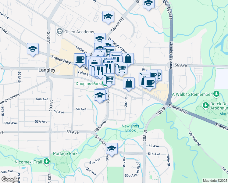 map of restaurants, bars, coffee shops, grocery stores, and more near 20630 Douglas Crescent in Langley