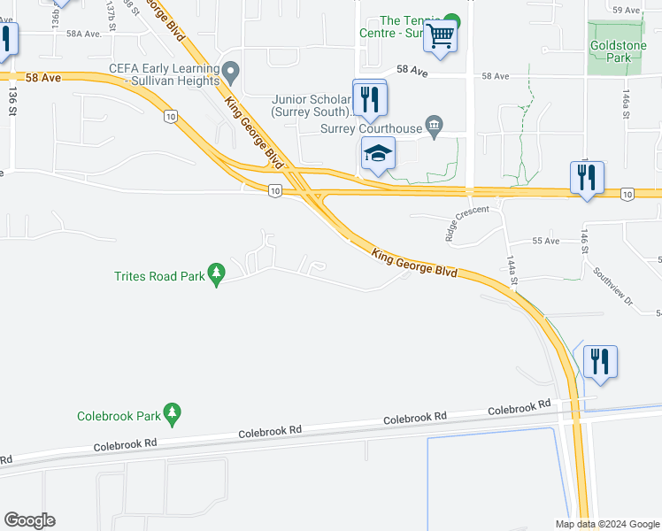 map of restaurants, bars, coffee shops, grocery stores, and more near 14143 Trites Road in Surrey