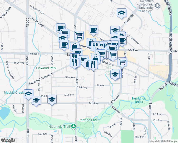 map of restaurants, bars, coffee shops, grocery stores, and more near 5501 204 Street in Langley