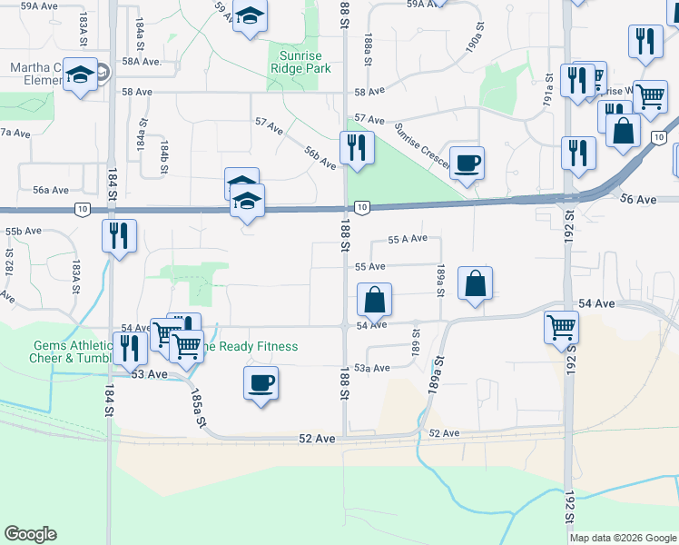 map of restaurants, bars, coffee shops, grocery stores, and more near 5497 188 Street in Surrey