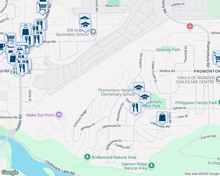 map of restaurants, bars, coffee shops, grocery stores, and more near 5578 Crimson Ridge in Chilliwack