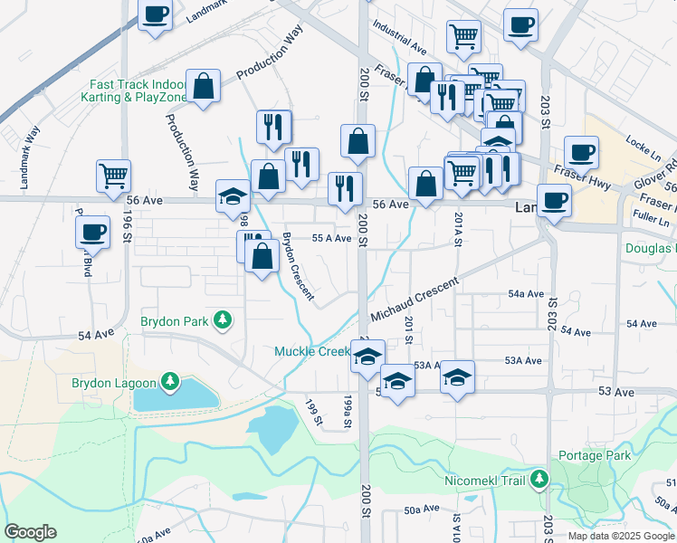 map of restaurants, bars, coffee shops, grocery stores, and more near 5486 199A Street in Langley