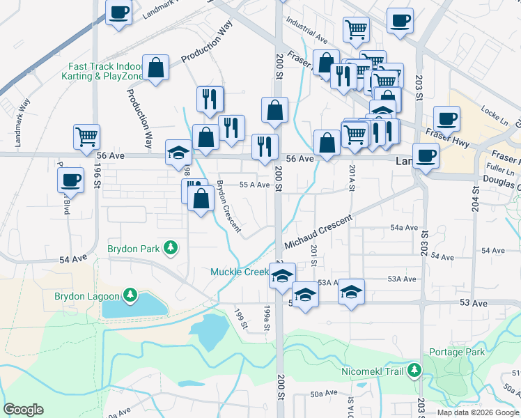 map of restaurants, bars, coffee shops, grocery stores, and more near 5486 199A Street in Langley