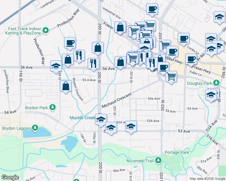 map of restaurants, bars, coffee shops, grocery stores, and more near 20088 55 A Avenue in Langley