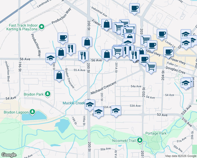 map of restaurants, bars, coffee shops, grocery stores, and more near 5489 201 Street in Langley